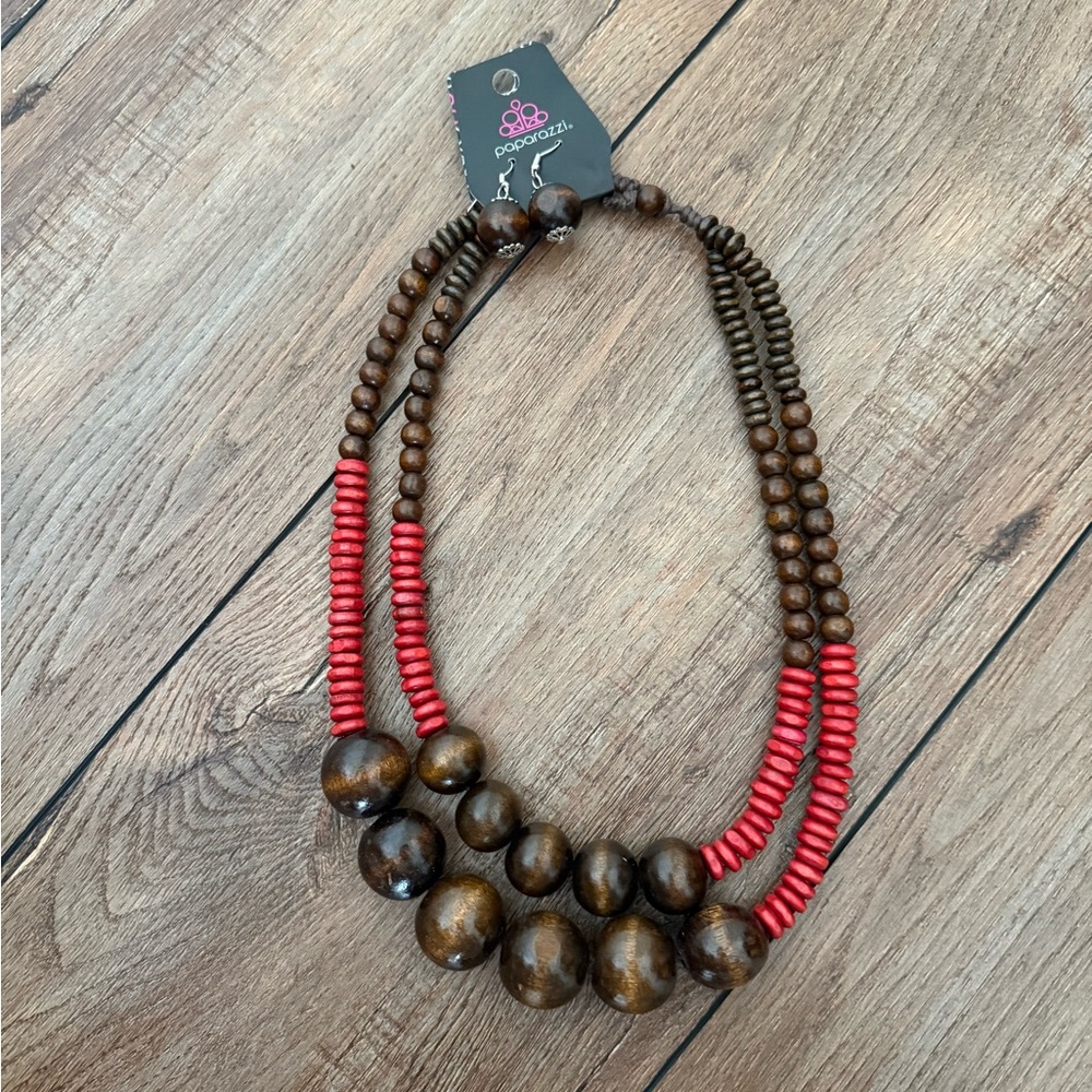 Paparazzi Bohemian Brown and Red Wooden Bead Layered Necklace with Earrings